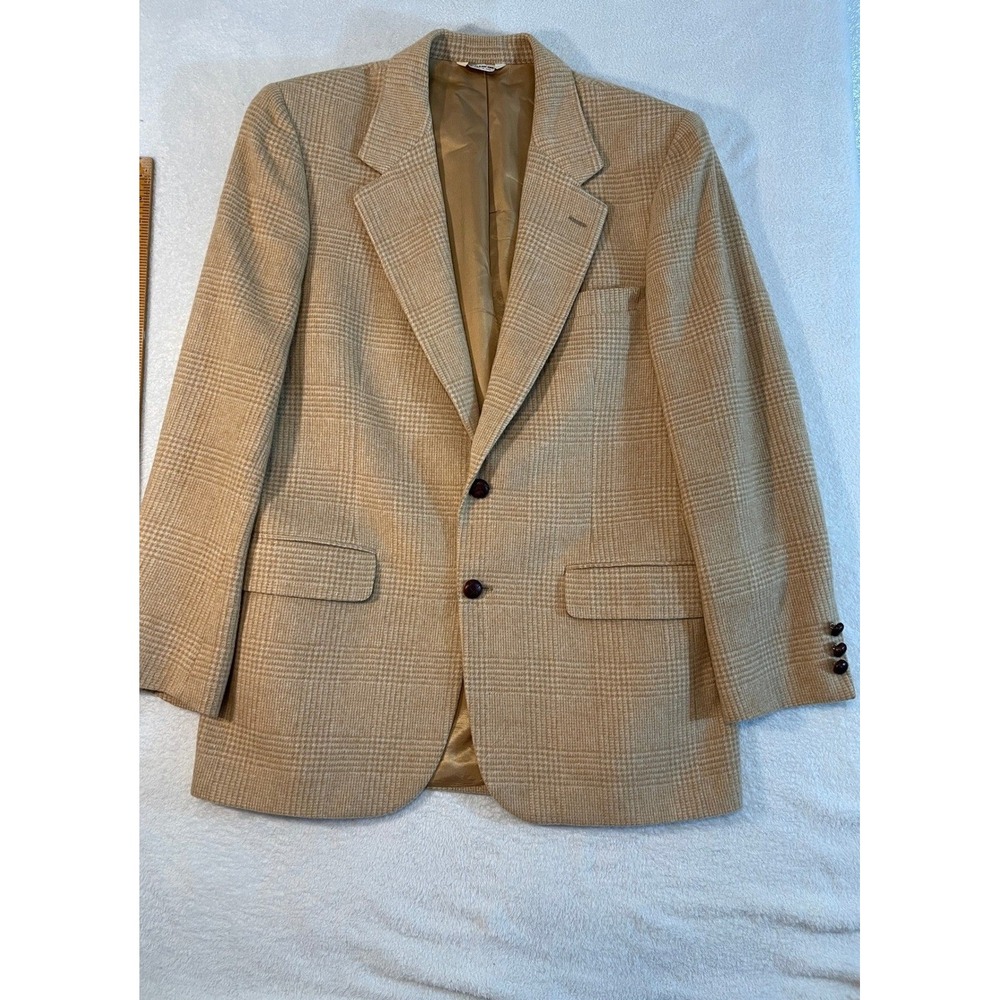 Barrister for Walkers 100% Camel Hair Blazer Tan Glen Plaid Sport Coat USA Made